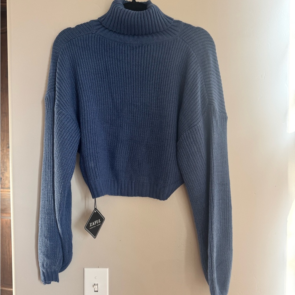 Zaful Blue Cropped Turtleneck Sweater Chunky Knit Cozy Clean Girl - Picture 2 of 5